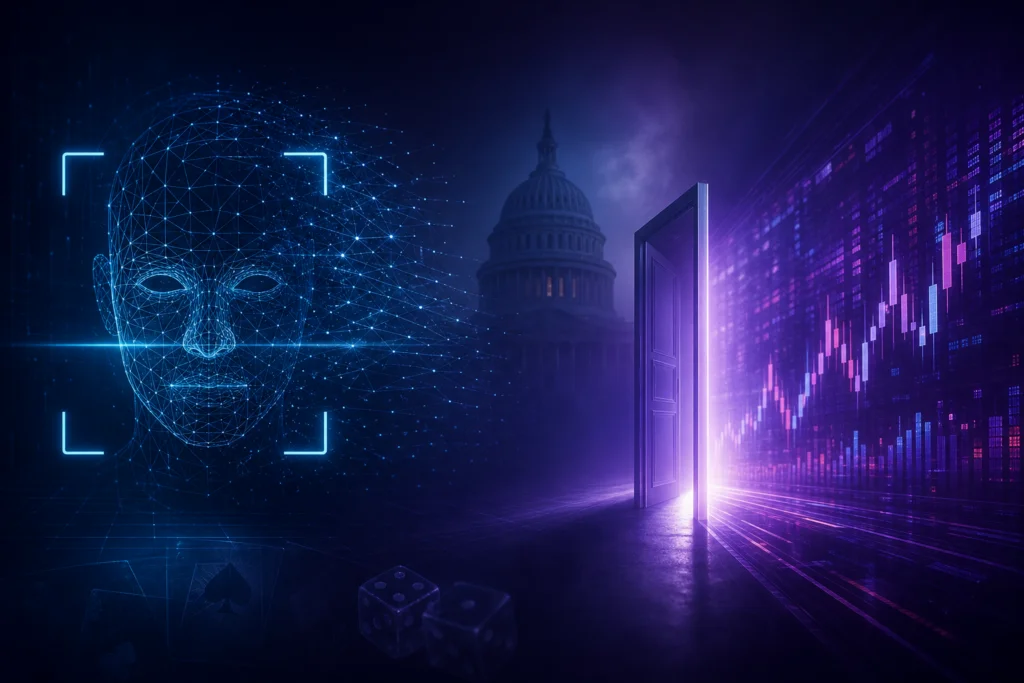 Facial recognition scan mesh beside the US Capitol dome and an open doorway leading to financial market charts
