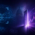 Facial recognition scan mesh beside the US Capitol dome and an open doorway leading to financial market charts