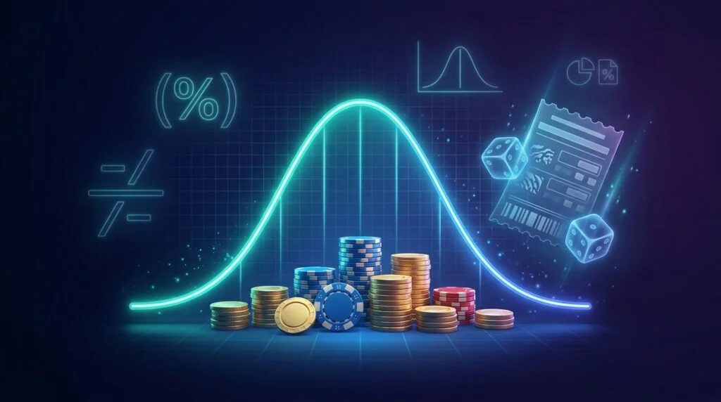 Bankroll growth curve peaking then falling, with casino chips, coins, dice and betting slip illustrating Kelly Criterion staking