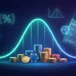 Bankroll growth curve peaking then falling, with casino chips, coins, dice and betting slip illustrating Kelly Criterion staking