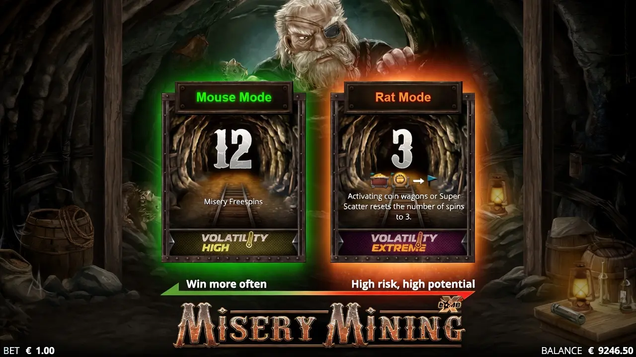 Misery Mining Nolimit City: Misery Mining bonus buy and mode selection