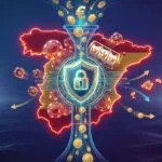 Map of Spain with a central padlock shield, casino chips and euro coins funneling with some escaping offshore