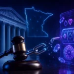 Federal courthouse, judge's gavel and a breaking chain link beside a holographic casino interface, with the outline of Minnesota glowing in the background