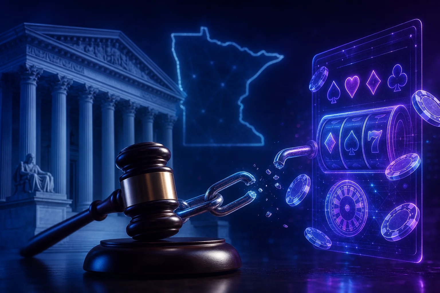 Federal courthouse, judge's gavel and a breaking chain link beside a holographic casino interface, with the outline of Minnesota glowing in the background