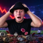SteveWillDoIt clutching his head in shock in a World Cup stadium surrounded by luxury watches, casino chips and a crashing red arrow