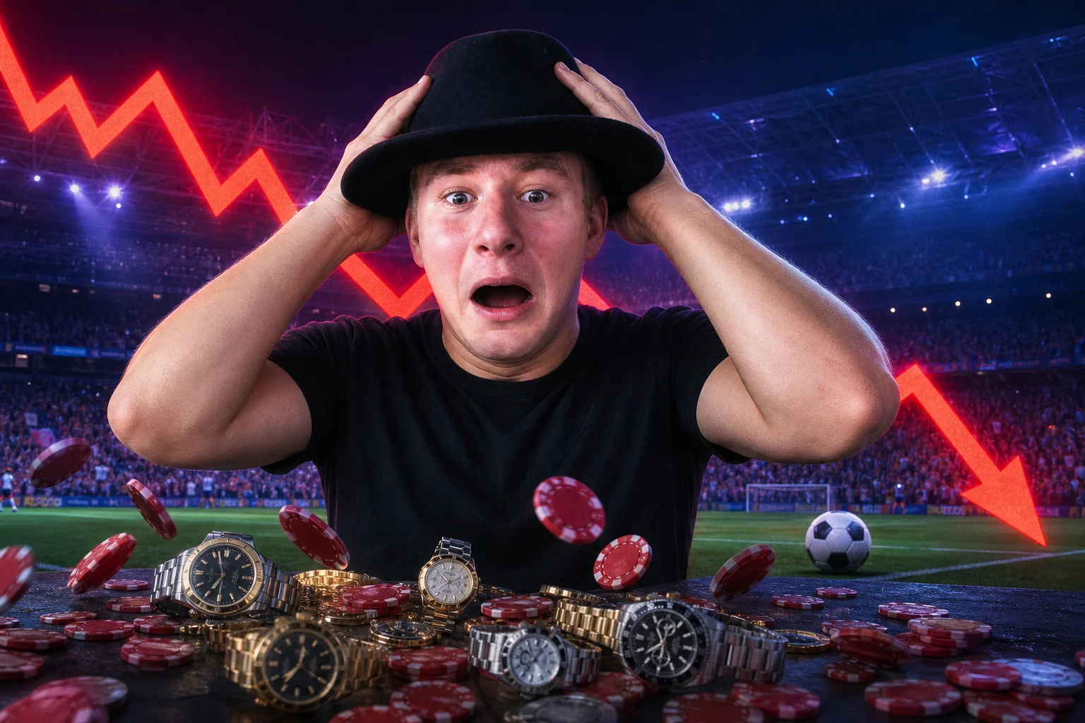 SteveWillDoIt clutching his head in shock in a World Cup stadium surrounded by luxury watches, casino chips and a crashing red arrow