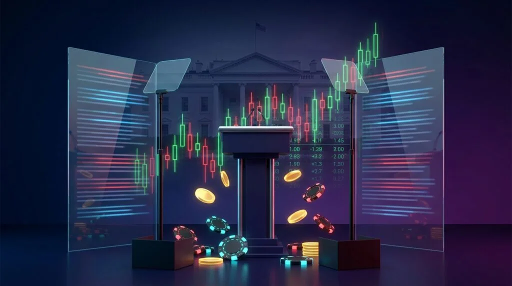 Presidential podium with glass teleprompter panels and a rising betting-market chart, illustrating the Trump teleprompter operator insider trading scandal on Kalshi