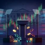 Presidential podium with glass teleprompter panels and a rising betting-market chart, illustrating the Trump teleprompter operator insider trading scandal on Kalshi