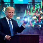 Donald Trump holds up a smartphone with stock market candlesticks and arrows streaming across a Wall Street trading floor