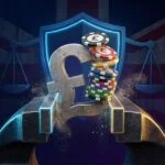 British pound symbol and casino chips crushed in a metal press against a Union Jack backdrop, with scales of justice and a regulatory shield