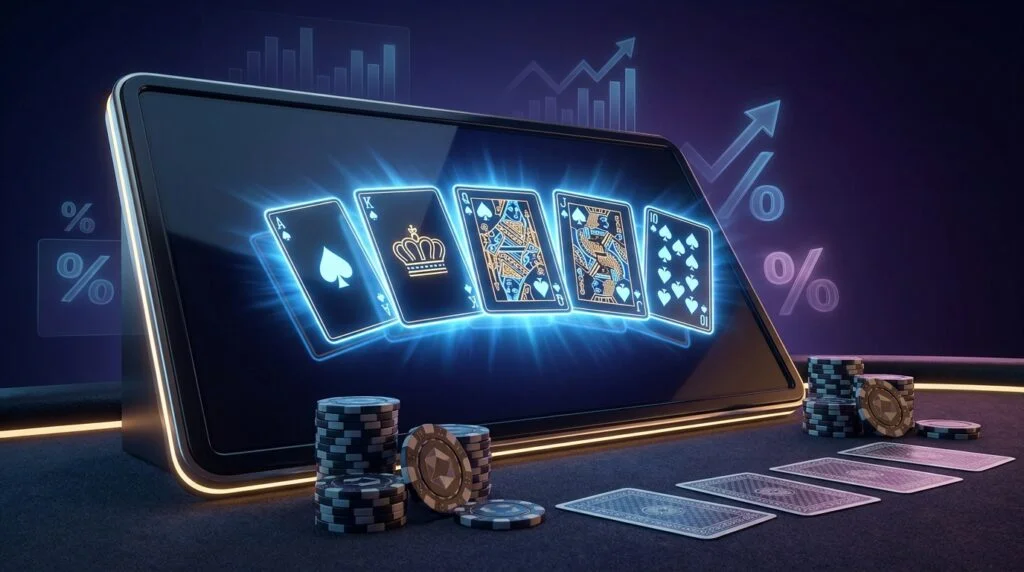 Video poker machine displaying a royal flush in spades, the top hand in Jacks or Better strategy