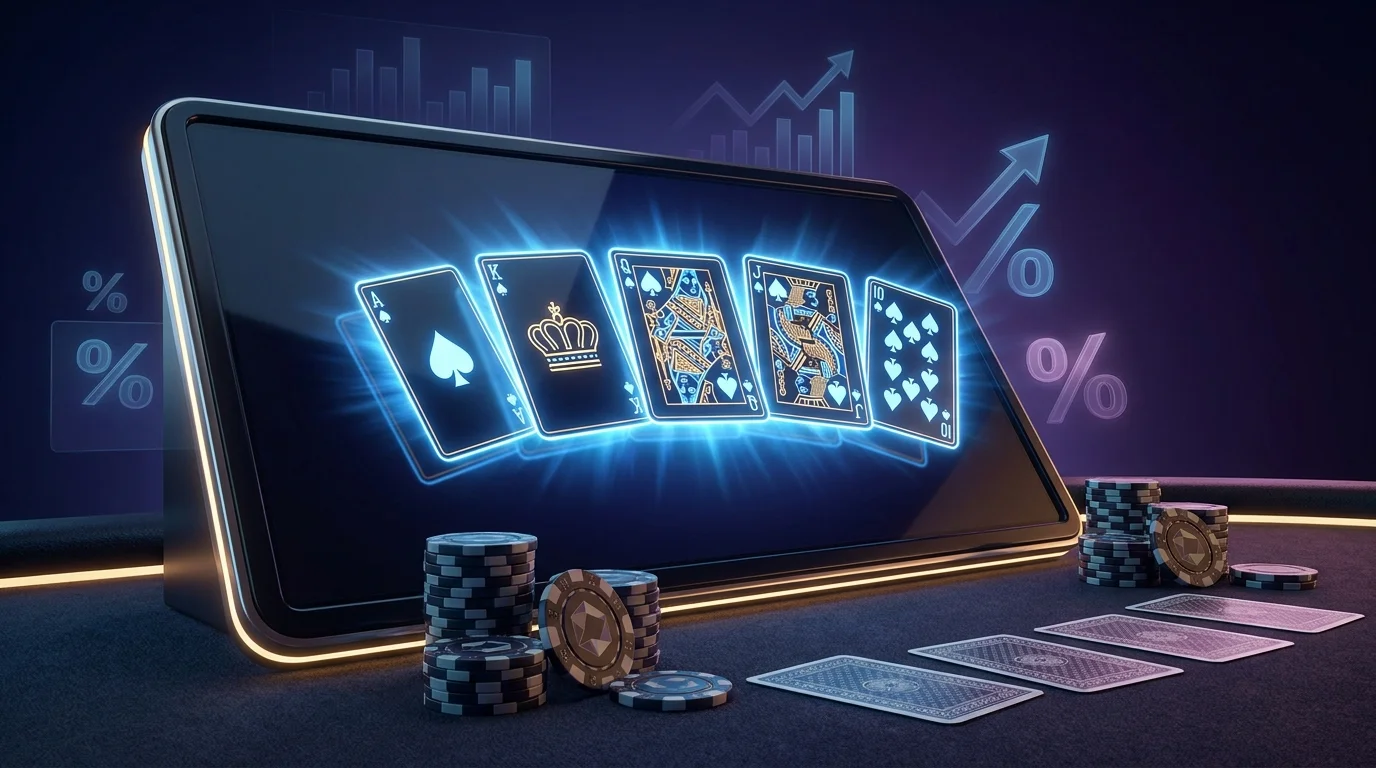 Video poker machine displaying a royal flush in spades, the top hand in Jacks or Better strategy