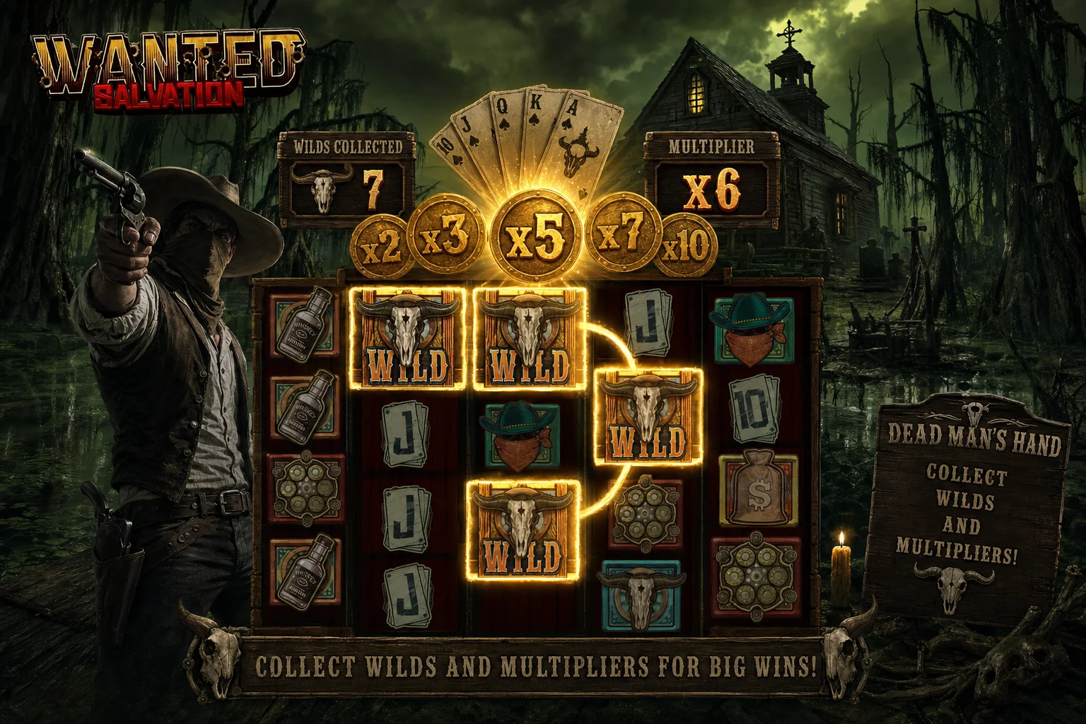 Wanted Salvation Dead Man's Hand collect phase with wilds and multipliers