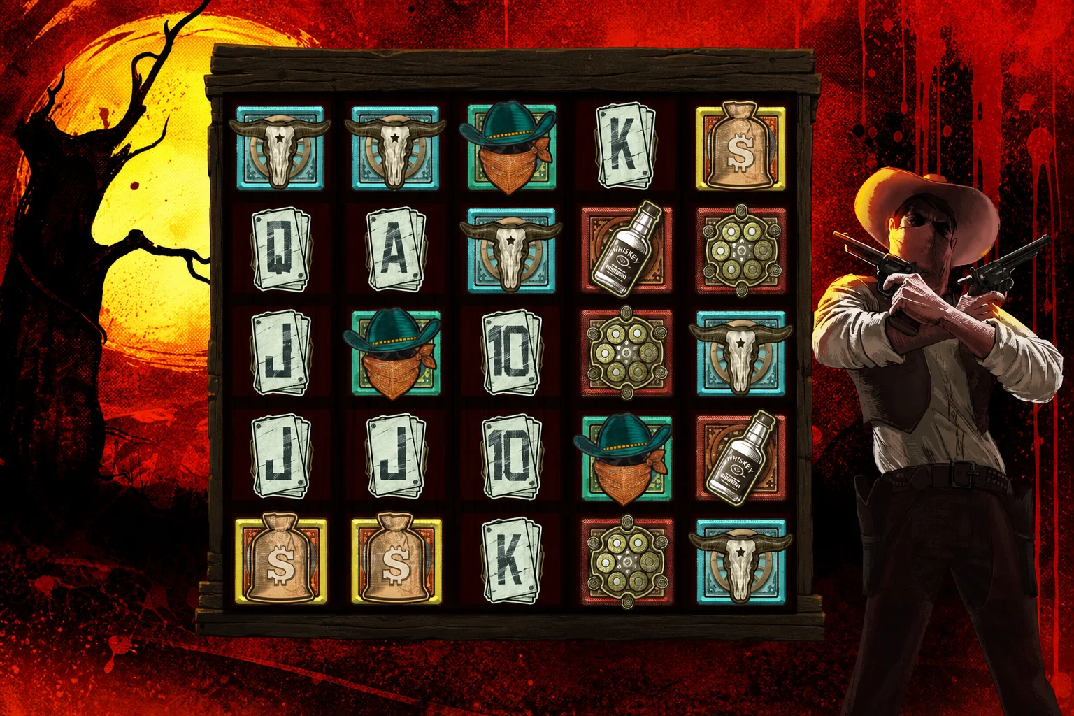 Wanted Salvation Hacksaw Gaming 5x5 reels with Western symbols