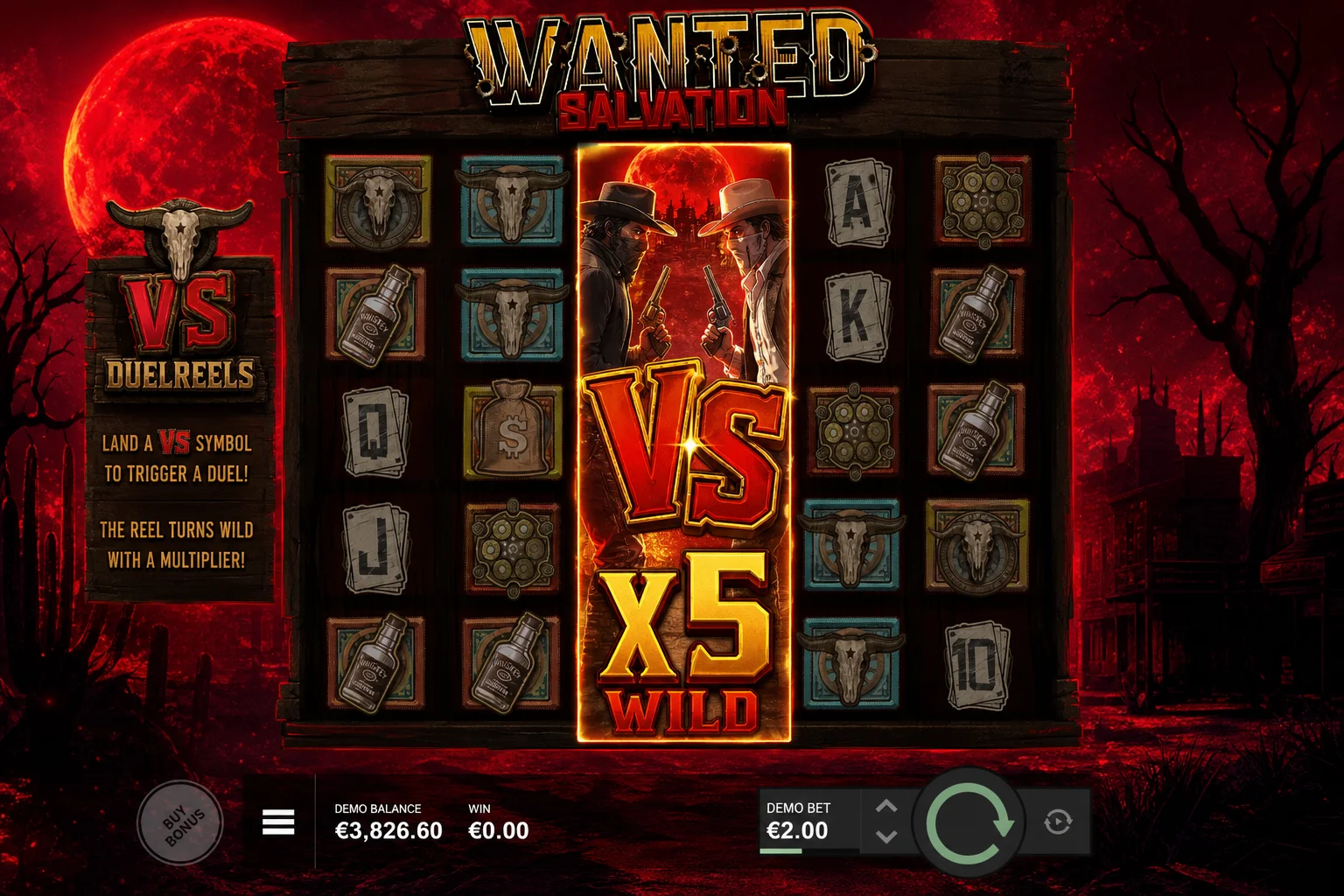 Wanted Salvation VS symbol expanding into a full wild reel with multiplier