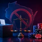 A ballot box and betting chips beside the Wisconsin state outline, symbolizing the clash between election betting and voting rights