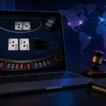 Laptop showing two sevens of diamonds at an online blackjack table beside a judge's gavel