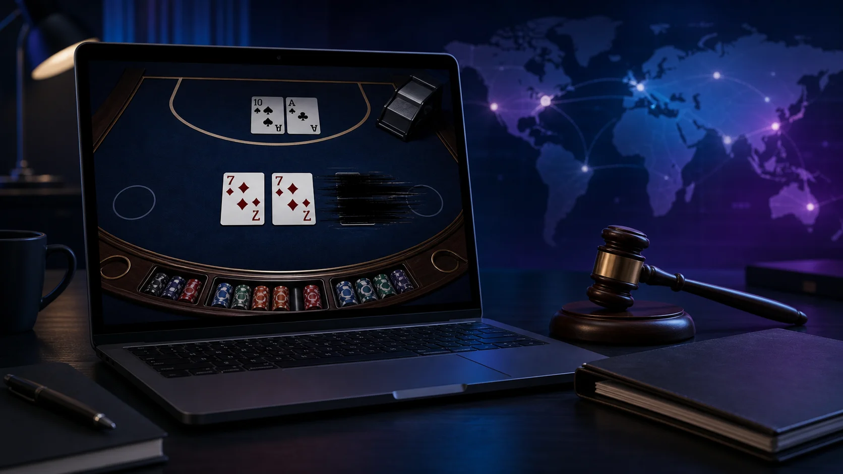 Laptop showing two sevens of diamonds at an online blackjack table beside a judge's gavel
