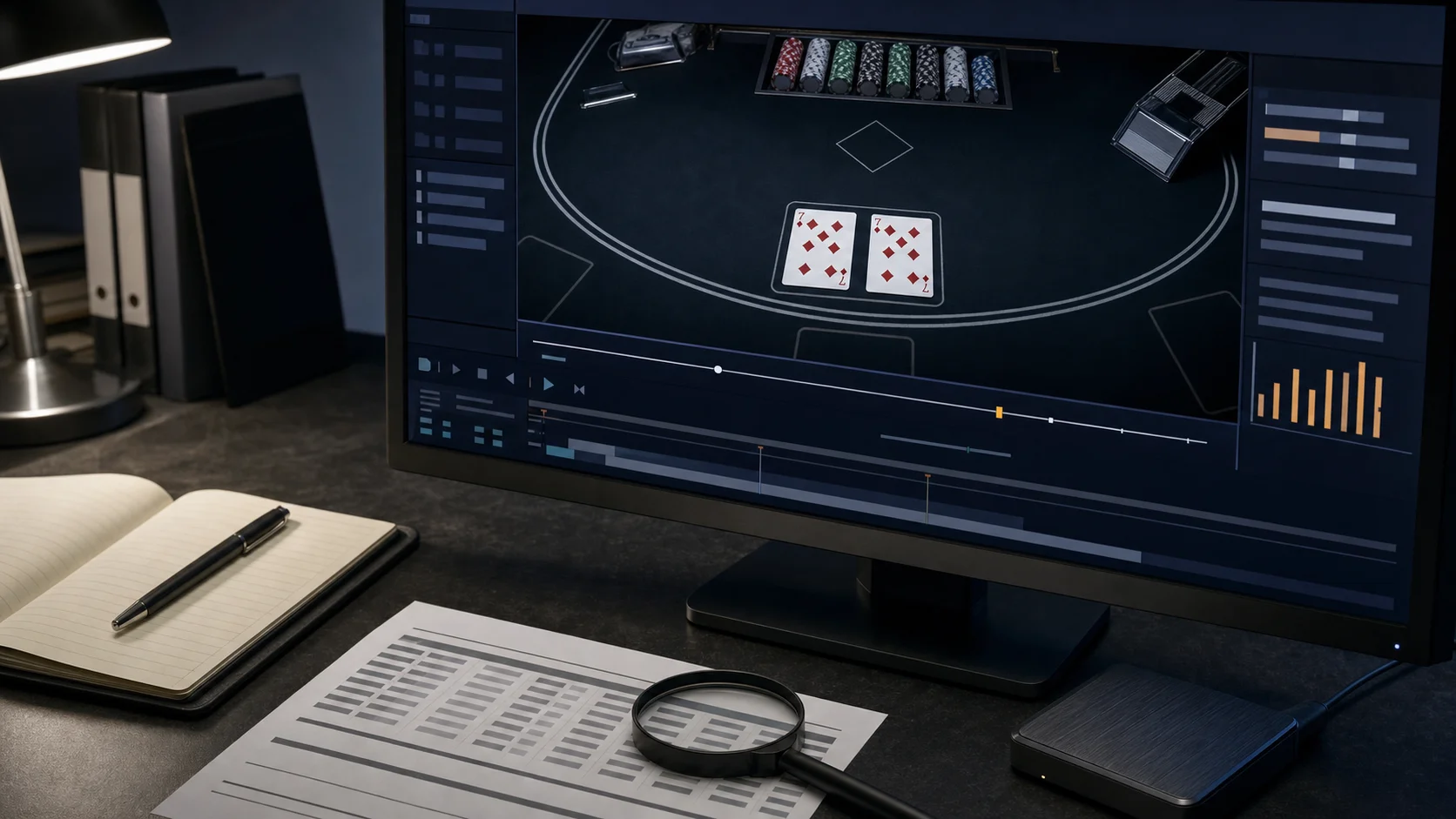 Digital forensics monitor showing two sevens of diamonds in a paused blackjack replay with abstract metadata panels