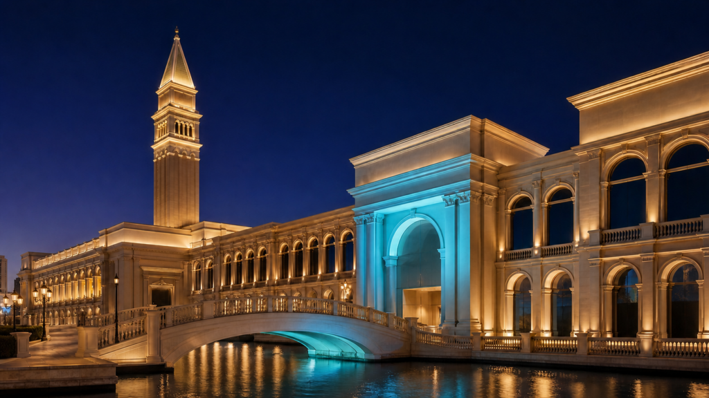 Illuminated Venetian-style Las Vegas casino resort and canal at night, illustrating Nevada's anti-money-laundering fine over illegal bookmaker Mathew Bowyer