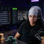 Streamer Braz at a gaming desk with Stake and Kick screens, a leaderboard panel, and an X allegation card