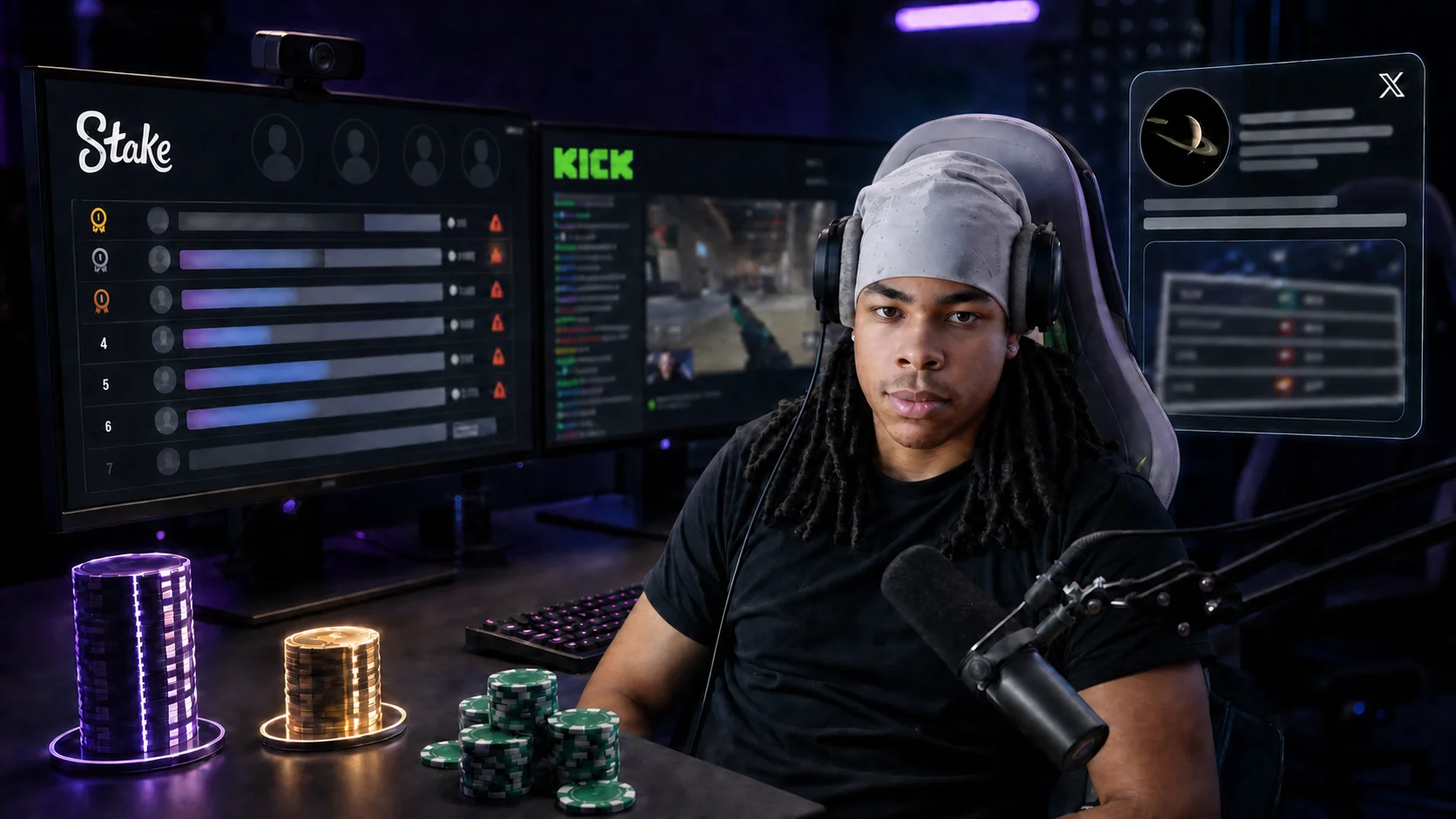 Streamer Braz at a gaming desk with Stake and Kick screens, a leaderboard panel, and an X allegation card