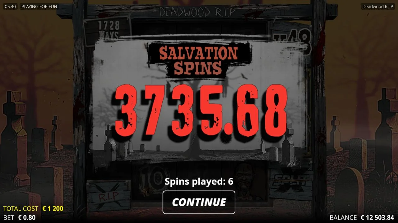 Real Deadwood R.I.P. Salvation Spins €3,735.68 demo result