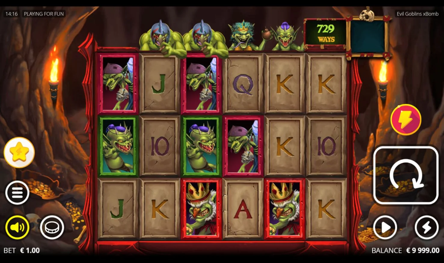 Evil Goblins xBomb Nolimit City: Real Evil Goblins xBomb demo base-game grid with 729 ways