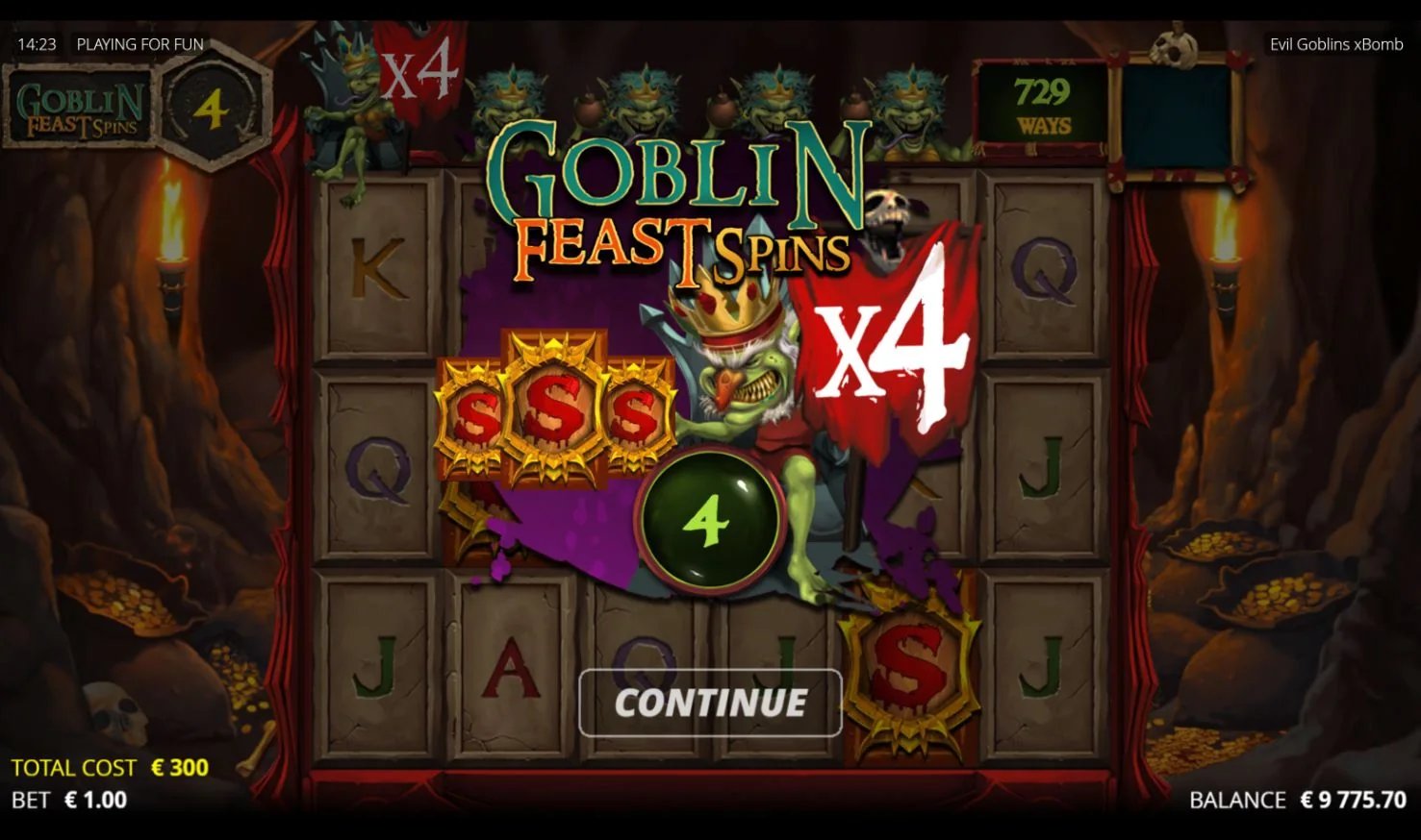Evil Goblins xBomb Nolimit City: Evil Goblins xBomb Goblin Feast Spins intro at x4
