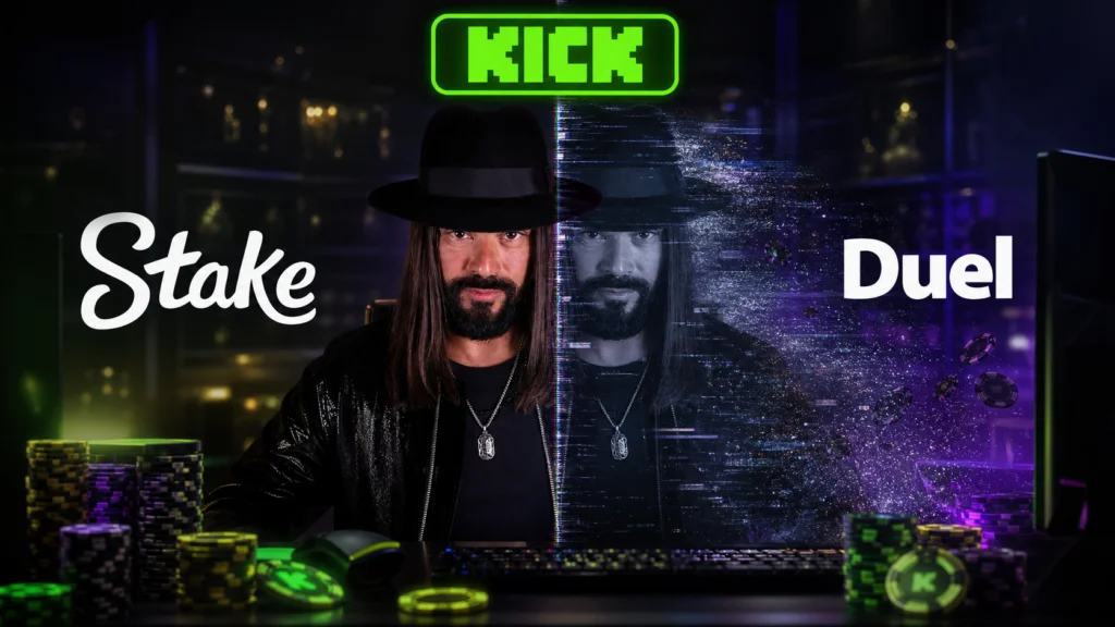 Roshtein split between a solid Kick and Stake side and a dissolving Duel clone side
