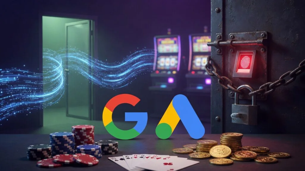 Google G and Google Ads logos between an open policy door with ad data streams and a locked vault, with poker chips, cards, gold coins and slot machines — dual Google Ads gambling rules for sweepstakes casinos