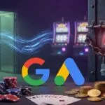 Google G and Google Ads logos between an open policy door with ad data streams and a locked vault, with poker chips, cards, gold coins and slot machines — dual Google Ads gambling rules for sweepstakes casinos