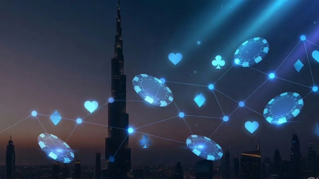 Dubai night skyline with glowing crypto network nodes and casino chips overlaid