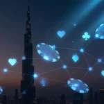 Dubai night skyline with glowing crypto network nodes and casino chips overlaid