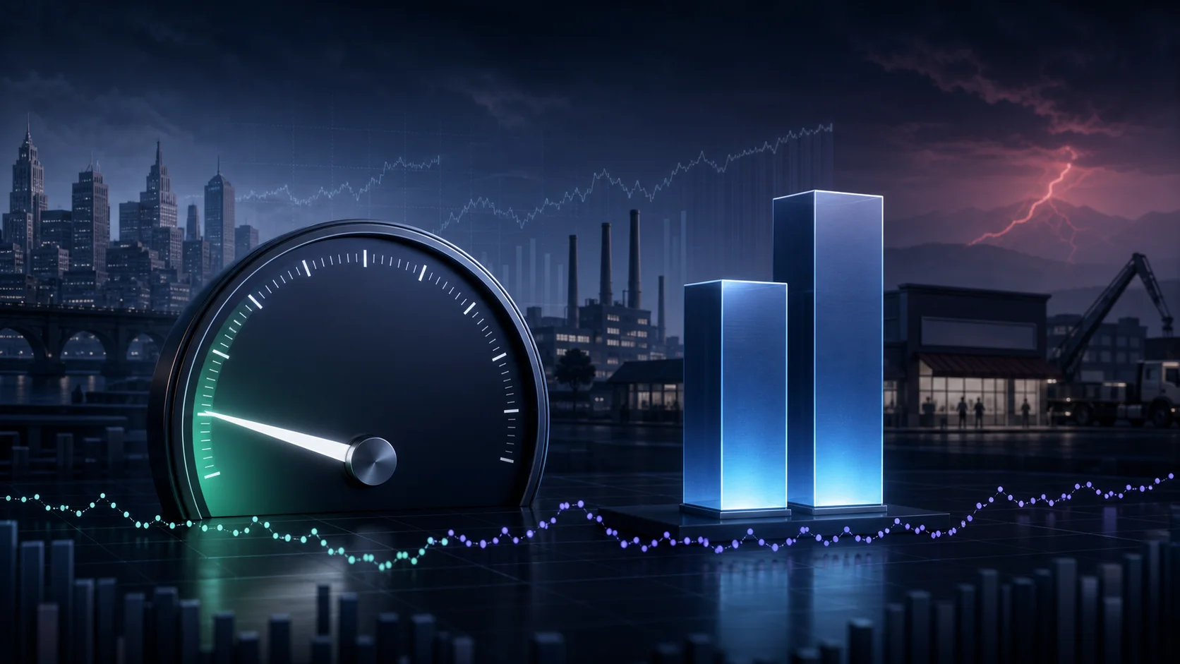 Abstract prediction market gauge showing low U.S. recession odds beside positive GDP signals