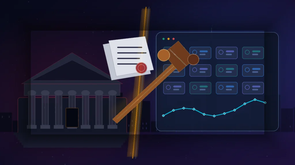 New York courthouse, legal filing and electronic prediction market divided by a judge's gavel
