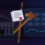 New York courthouse, legal filing and electronic prediction market divided by a judge's gavel