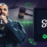 Drake with Stake and Spotify logos, gavel, poker chips and streaming waveforms for lawsuit arbitration story