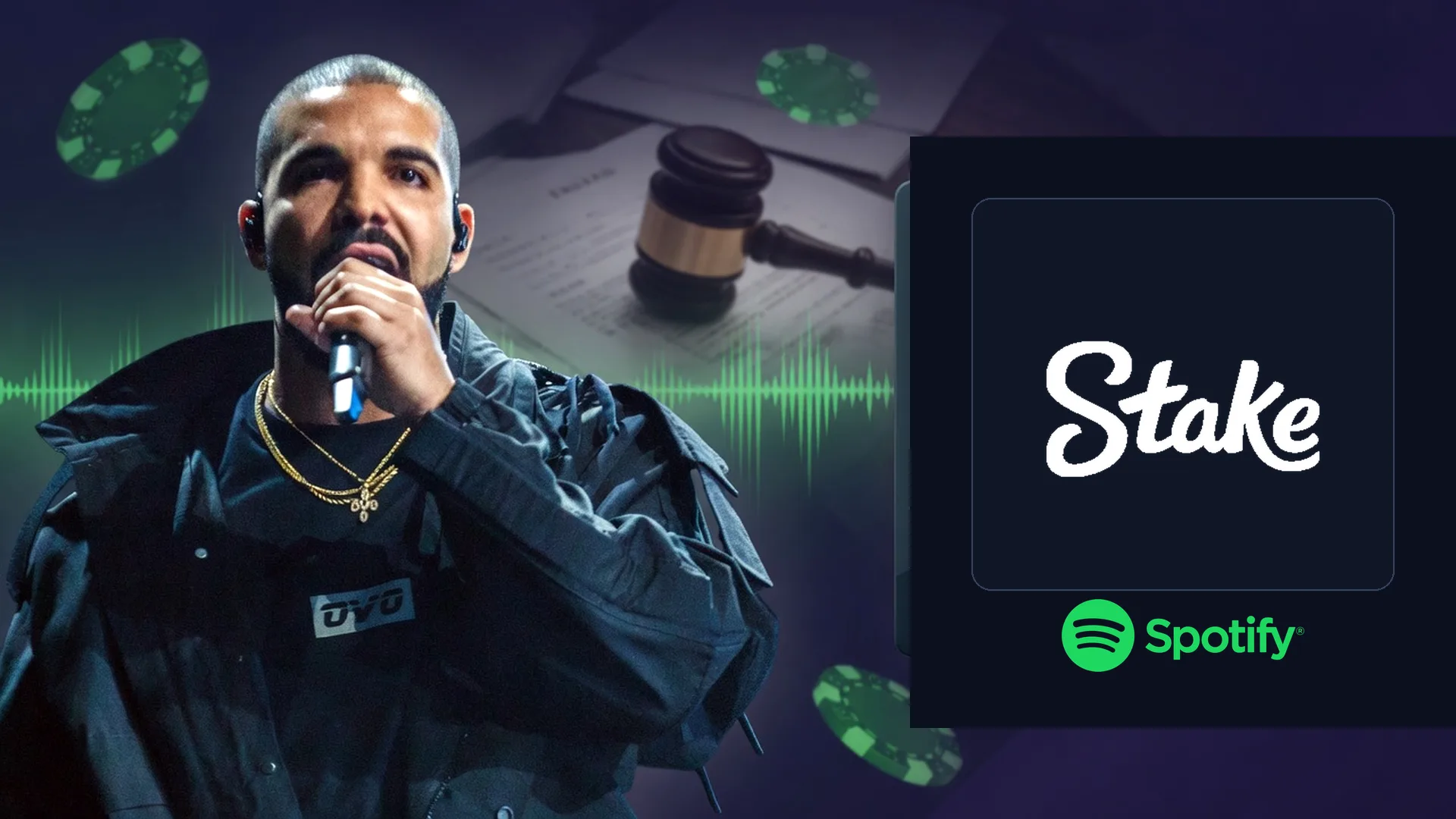 Drake with Stake and Spotify logos, gavel, poker chips and streaming waveforms for lawsuit arbitration story