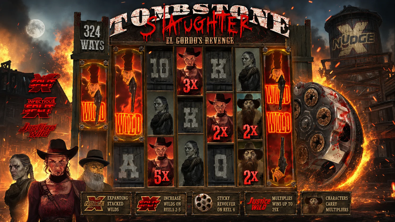 Tombstone Slaughter Nolimit City grid with xNudge, xSplit, sticky Revolver, and character multipliers