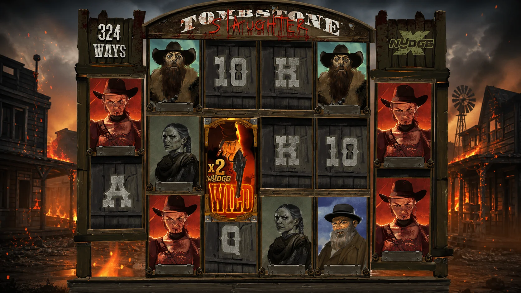Tombstone Slaughter Nolimit City six-reel grid with 324 ways and xNudge Wilds