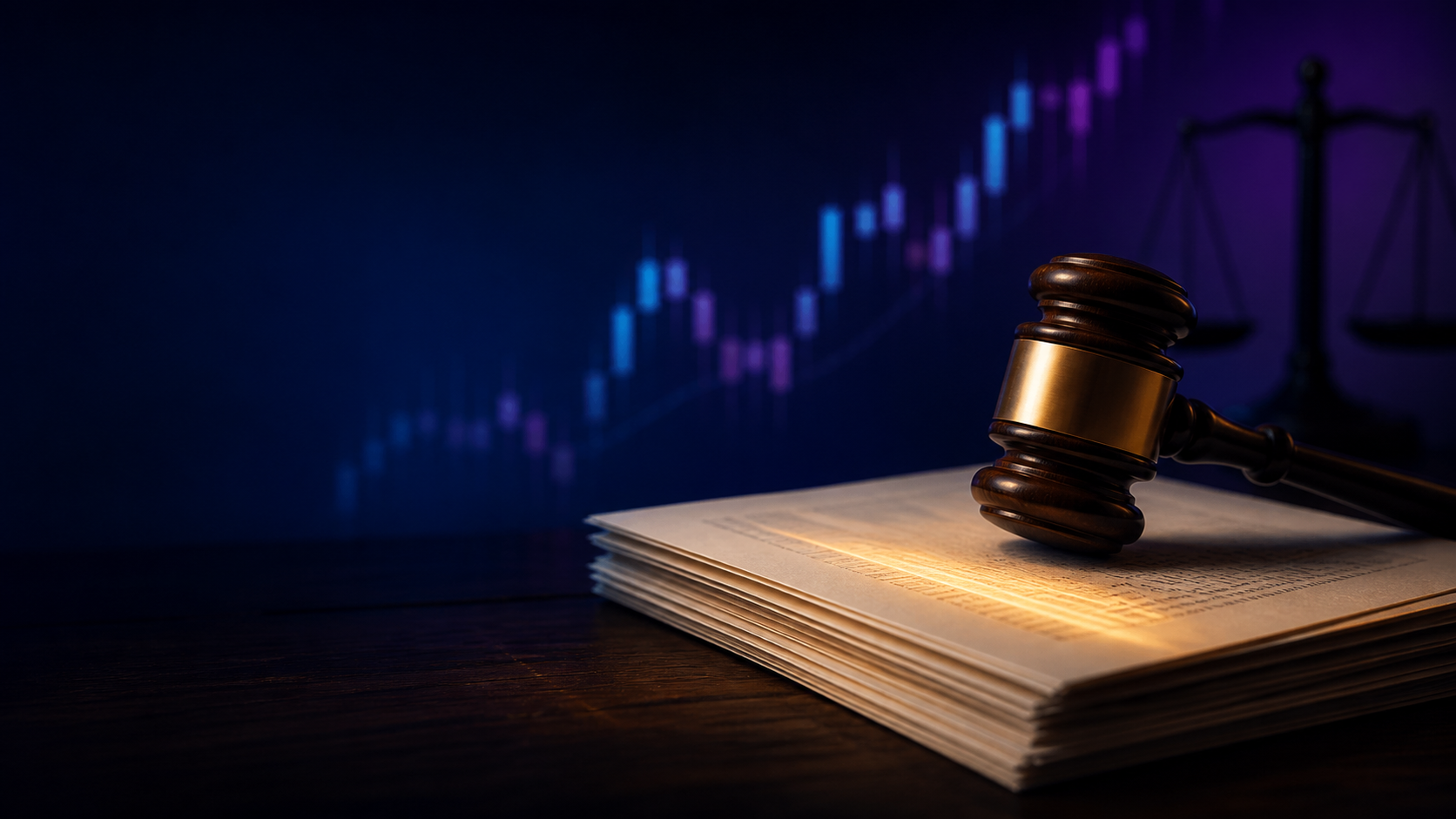 Gavel resting on financial contracts with a highlighted clause, stock chart and scales of justice in the background, representing the Underdog Aristotle lawsuit