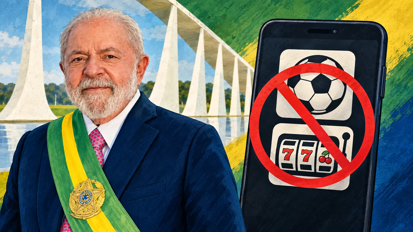 Editorial illustration of President Lula beside a phone with sports betting and slot icons crossed out