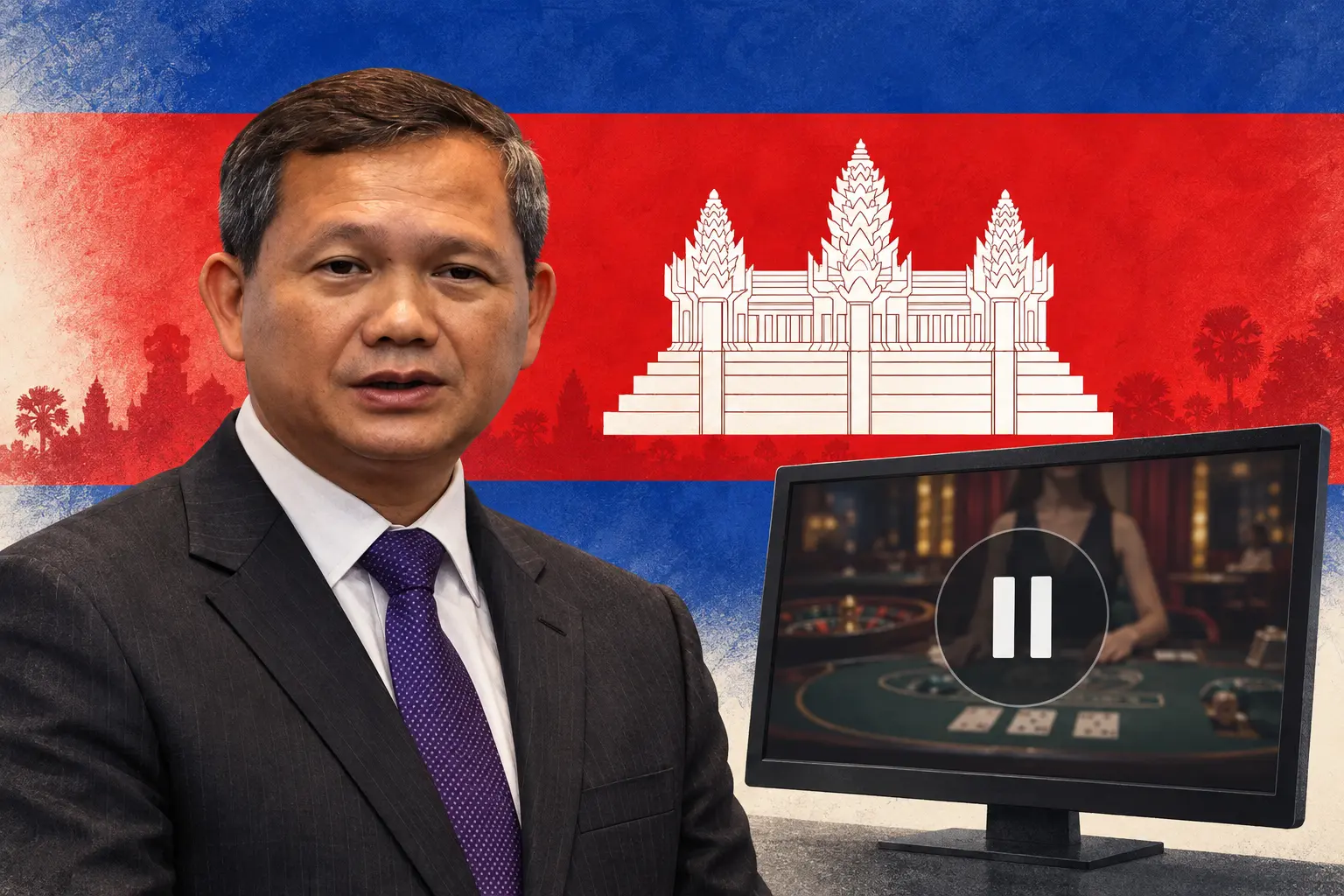 Editorial illustration of Hun Manet beside Cambodia's flag and a paused casino broadcast.