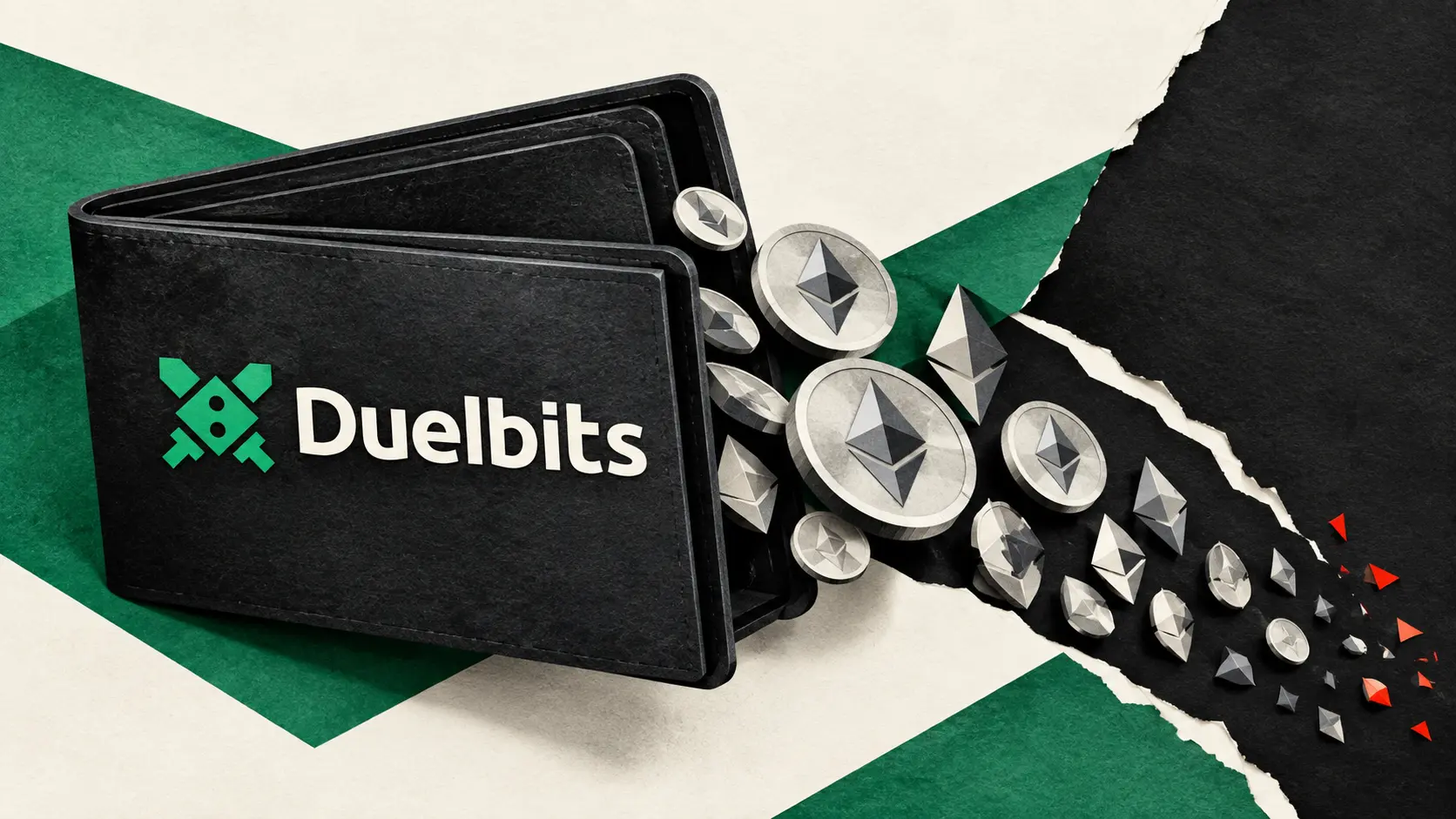 Editorial collage of a Duelbits-branded wallet with Ethereum tokens flowing into a torn paper gap