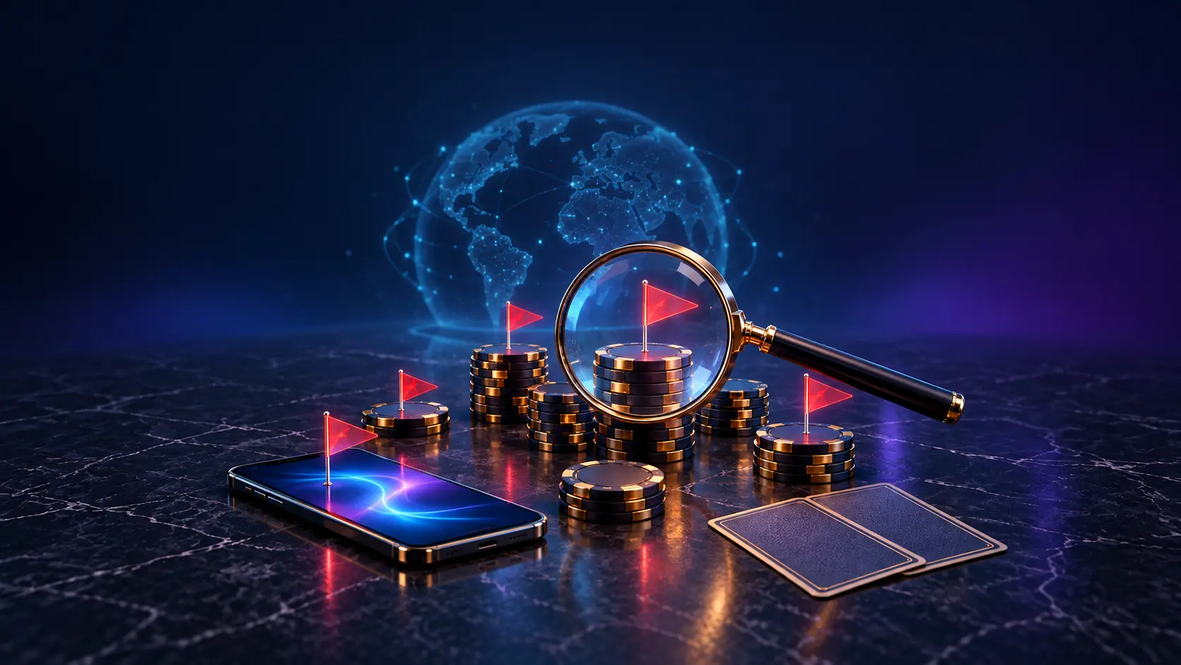Casino chips, face-down playing cards and a smartphone marked with red warning flags under a magnifying glass, with a glowing globe behind them