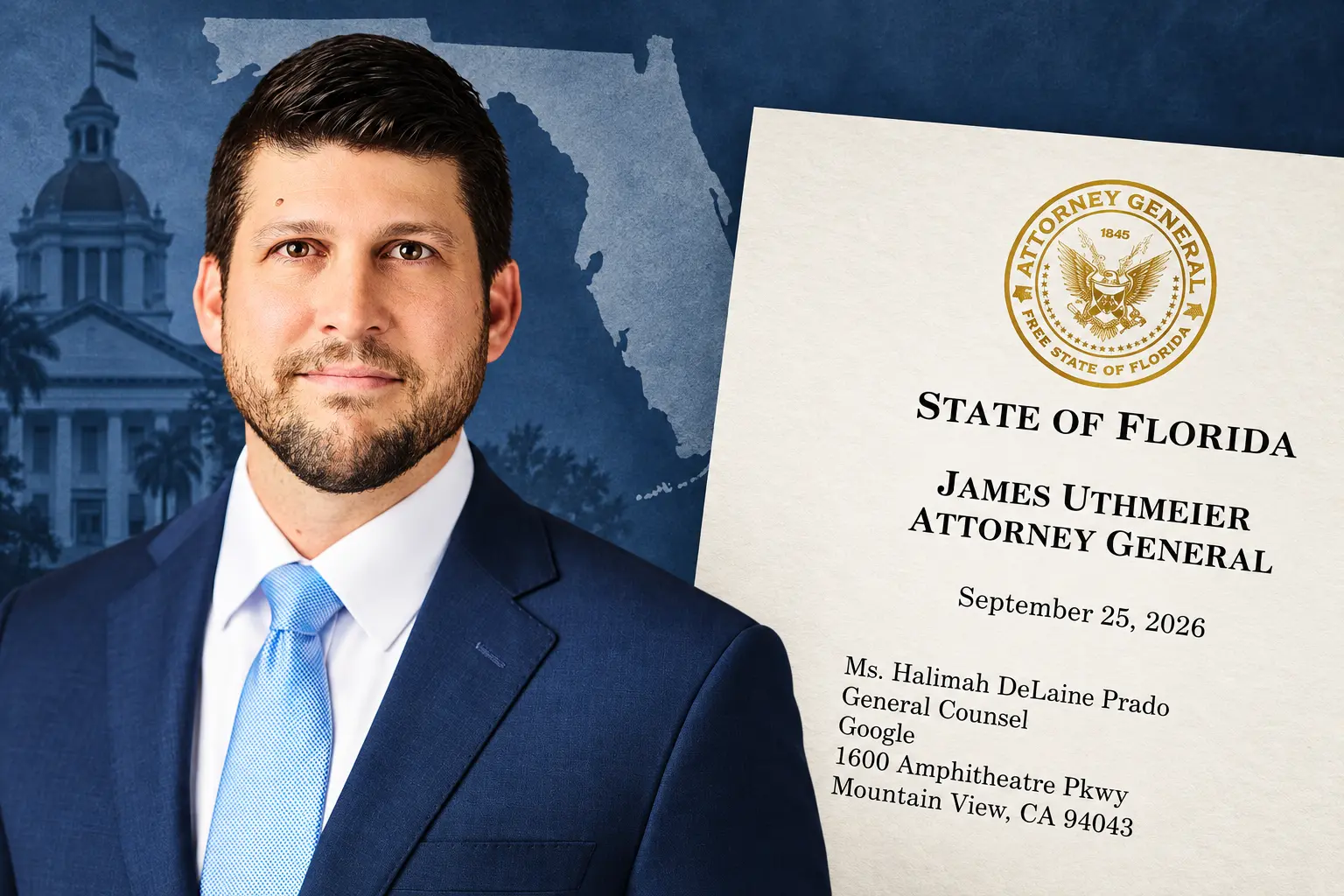 Editorial illustration of Florida Attorney General James Uthmeier beside his September 25, 2026 letter addressed to Google.