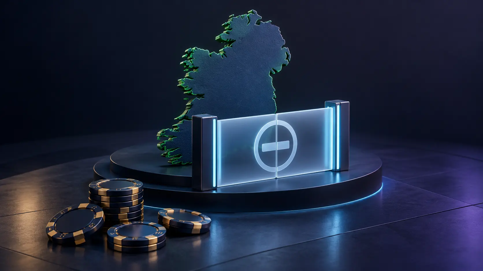 Editorial illustration of a closed digital gateway and Ireland, representing restricted gambling access