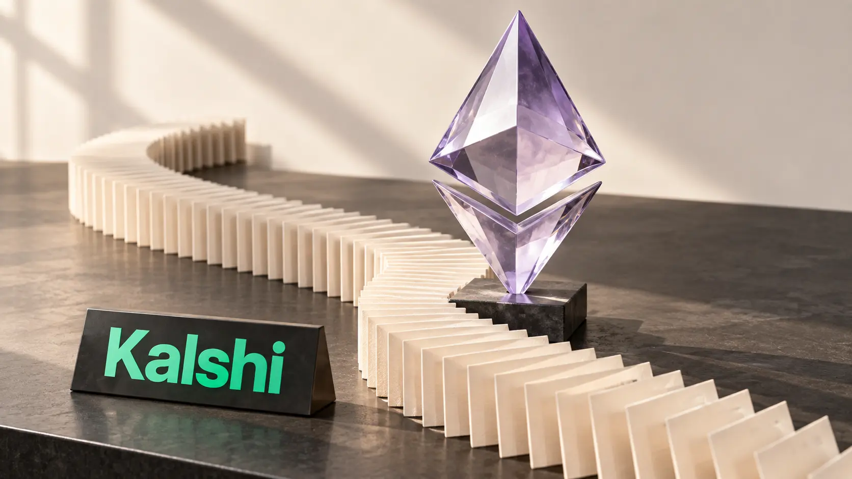Editorial illustration of an Ethereum crystal beside identical trade slips and a Kalshi-branded placard.
