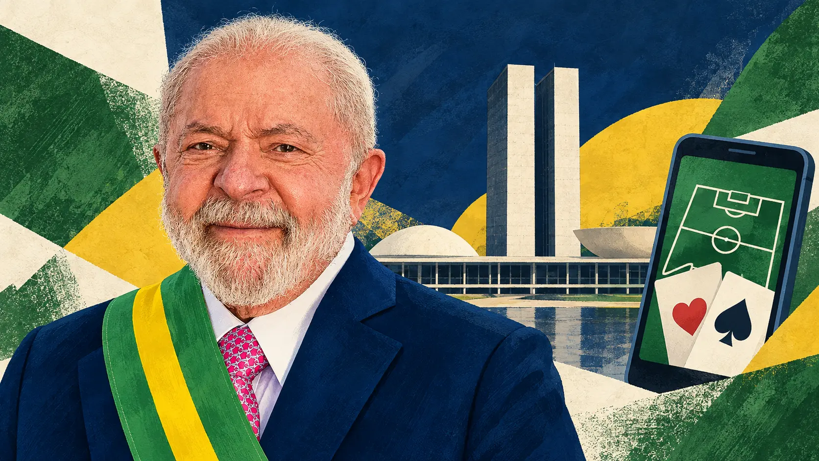 Editorial illustration of Lula beside Brazil’s Congress and symbols of online sports betting and casino games
